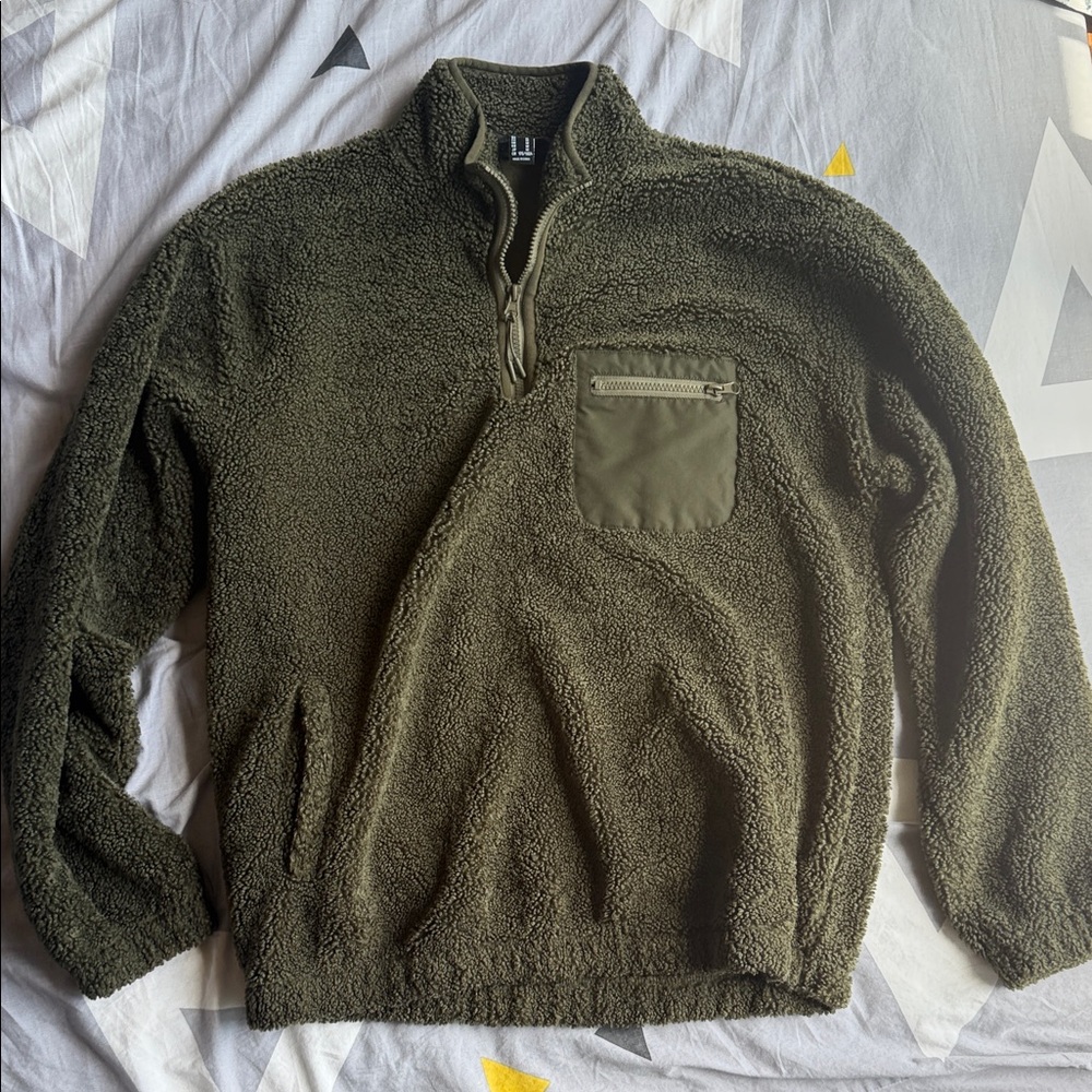 Forever 21 Olive Zip-Up Sweater with Chest Pocket